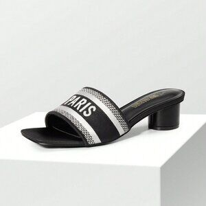 Black Glamorous Women's Glittery Chunky Heeled Square Toe Mule Sandals